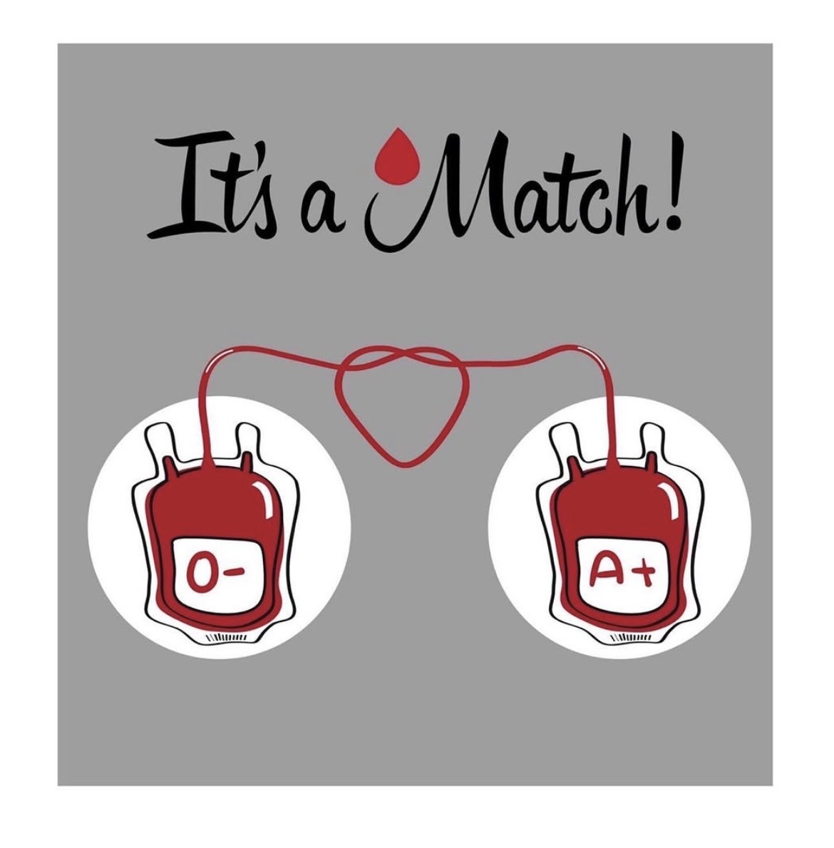 Plafó «It's a Match!» amb dues bosses de sang O− i A+ unides per un tub en forma de cor